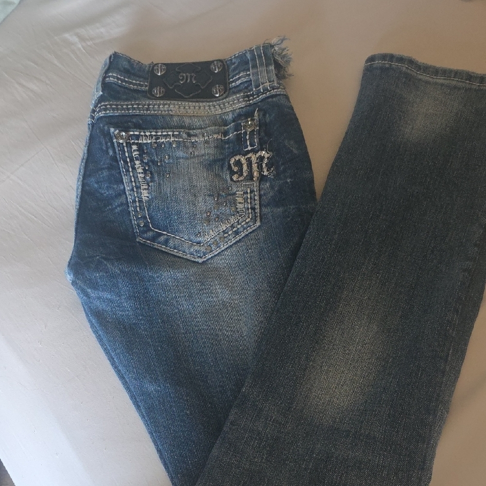 Miss Me Blue Straight Leg Jeans (Waistband Was Cut) 25"x29" Inseam - Picture 6 of 9